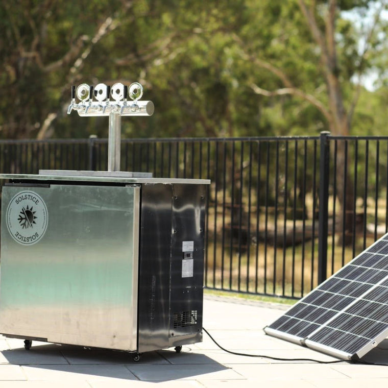 Kegerator | Solstace Indoor/Outdoor | Everything Needed Bundle | outside with a solar panel connected to kegerator